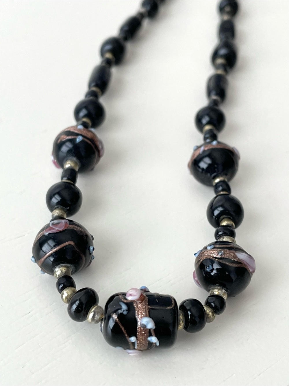Vintage Murano-style black wedding cake art glass necklace
